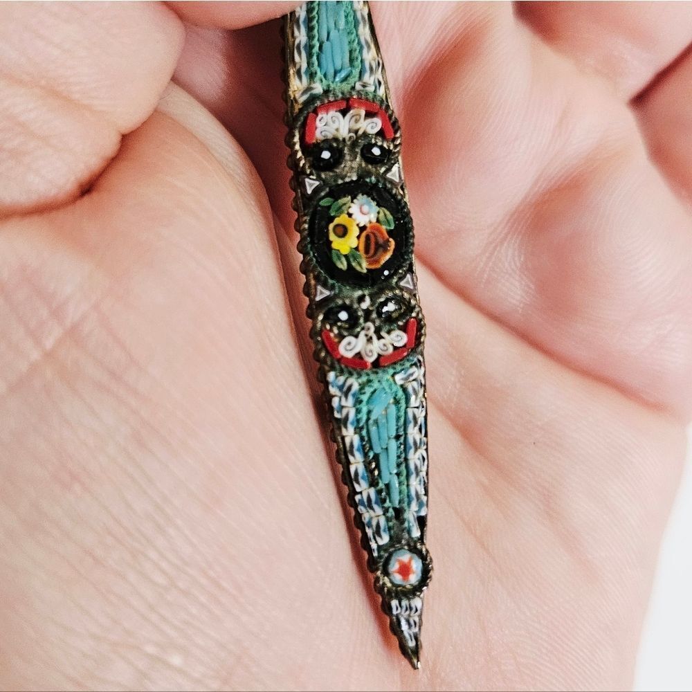 Vintage Millefiori Italian Glass Micro Mosaic Floral Inlaid Roman Bar Brooch Pin - Picture 6 of 8